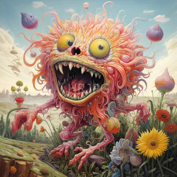 High Resolution: Grotesque pink tentacled monster with large yellow eyes sharp teeth and a gaping mouth has multiple clawed limbs and chaotic wavy texture download. | HRJPG.com