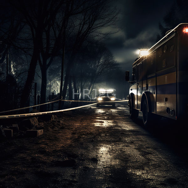 High Resolution: Dark foggy night scene on a wet muddy road shows a blue and yellow fire truck on the right with lights flashing and a police car download. | HRJPG.com