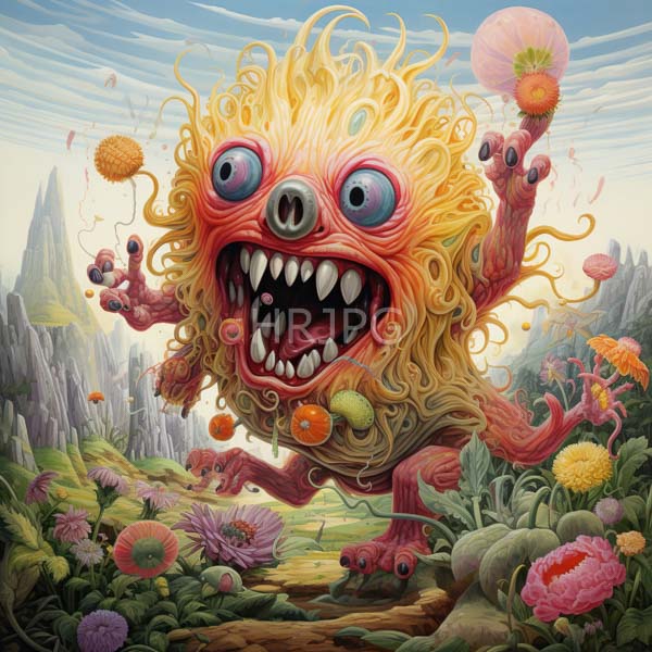 High Resolution: Grotesque humanoid creature with a head resembling yellow noodles and large blue eyes holds colorful tentacle-like arms and has a wide toothy mouth download. | HRJPG.com