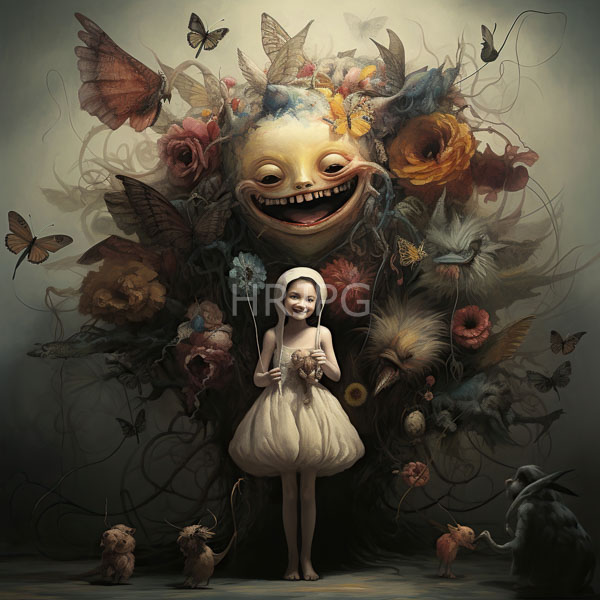 High Resolution: Small pale-skinned girl in a white dress holding a blue flower stands before a large grotesque smiling face adorned with colorful flowers and butterflies download. | HRJPG.com