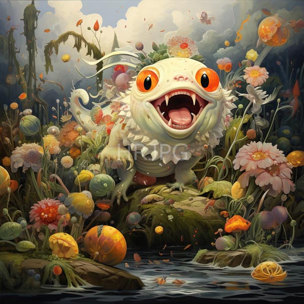 High Resolution: Cute white fluffy orange-eyed creature with a wide-open mouth stands surrounded by vibrant oversized flowers and colorful mushrooms in a lush whimsical garden download. | HRJPG.com