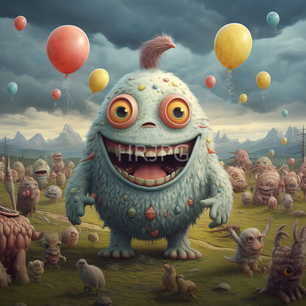High Resolution: Whimsical fluffy blue monster with large yellow eyes a wide toothy grin and a small pink tuft of hair stands in a grassy field download. | HRJPG.com