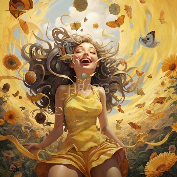 High Resolution: Joyful young woman with flowing gray hair wearing a yellow dress lies in a sunflower field surrounded by floating sunflowers leaves and butterflies download. | HRJPG.com
