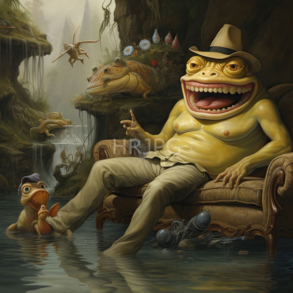 High Resolution: Large yellow anthropomorphic frog with three eyes wearing a beige hat and pants lounges on a vintage armchair in a surreal swampy landscape download. | HRJPG.com