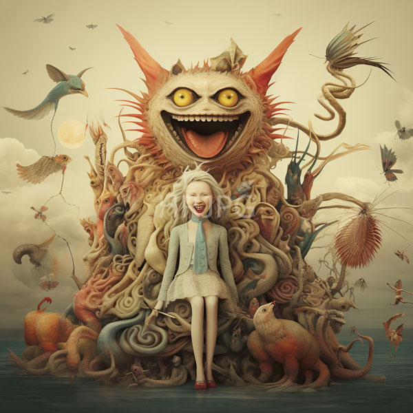 High Resolution: Pale-skinned blonde woman in a light blue dress and red shoes stands in front of a monstrous tentacled creature with large yellow eyes and a gaping mouth download. | HRJPG.com
