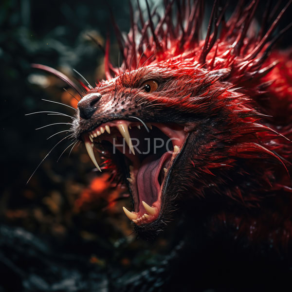 High Resolution: Fierce red-furred fantasy creature with sharp white fangs and long pointed whiskers has its mouth open in a roar revealing a pink tongue download. | HRJPG.com