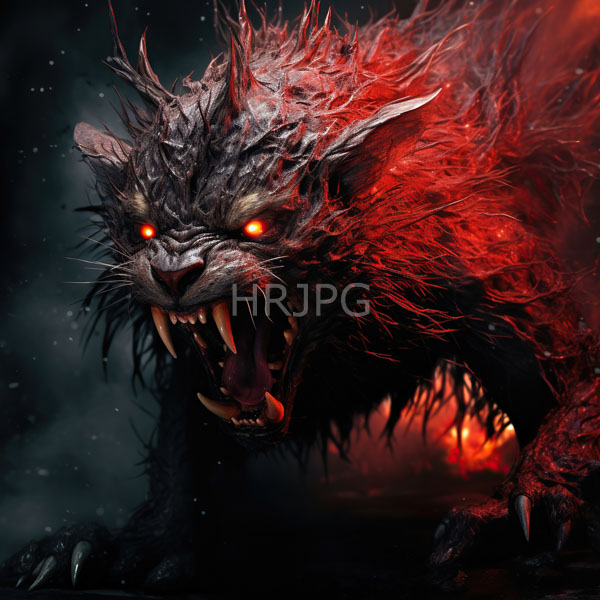 High Resolution: Terrifying demonic wolf-like creature with glowing red eyes sharp fangs and matted dark fur is illuminated by red and orange light creating a fiery glow download. | HRJPG.com