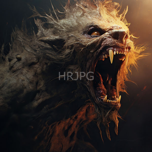 High Resolution: Close-up of a snarling werewolf with wild disheveled gray fur sharp yellow fangs and glowing yellow eyes showing its mouth wide open download. | HRJPG.com