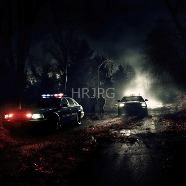 High Resolution: Dark foggy night scene features two police cars with flashing red and blue lights on a wet reflective road with three silhouetted officers standing nearby download. | HRJPG.com
