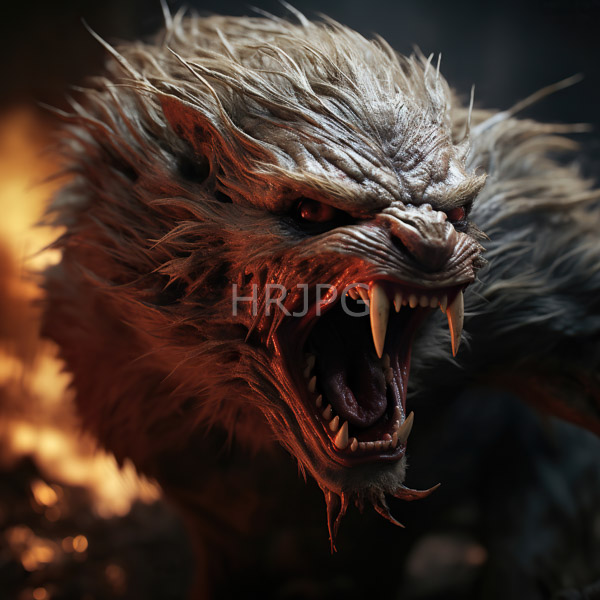 High Resolution: Close-up of a ferocious snarling werewolf with wild grayish-brown fur sharp fangs and glowing red eyes shows its large menacing open mouth download. | HRJPG.com
