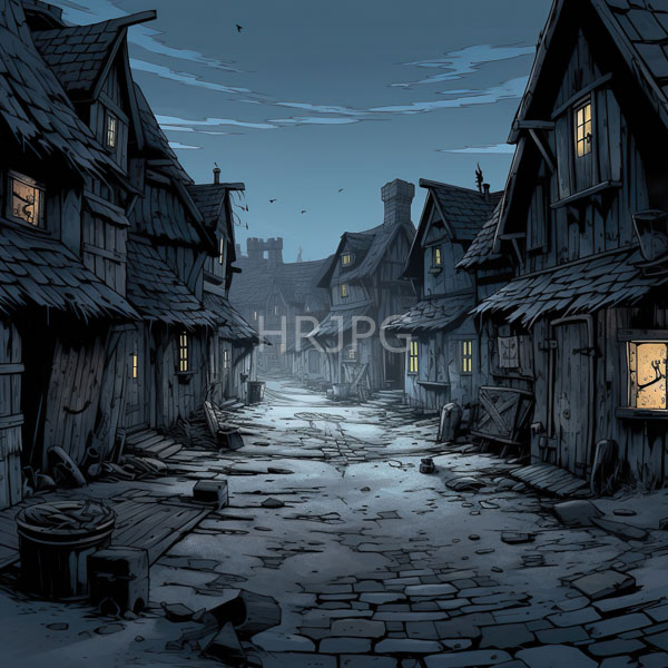 High Resolution: Dark snowy medieval village at twilight shows a cobblestone street lined with wooden thatched-roof cottages and cracked icy textures on the ground download. | HRJPG.com