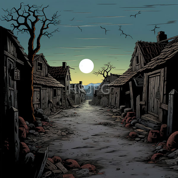 High Resolution: Deserted ruined village at sunset shows a teal sky with a large bright full moon behind crumbling wooden houses lining a muddy debris-strewn path download. | HRJPG.com