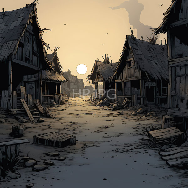 High Resolution: Dark moody scene depicts a deserted ruined village at sunset with weathered thatched-roof wooden huts broken windows and debris-filled ground download. | HRJPG.com