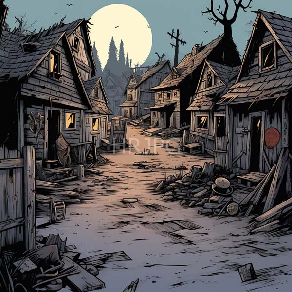 High Resolution: Dark comic scene depicts a deserted ruined village at night showing dilapidated wooden houses with broken roofs and windows scattered debris on a muddy path download. | HRJPG.com