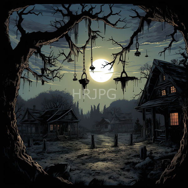 High Resolution: Spooky moonlit graveyard at night is framed by a gnarled leafless tree with hanging lanterns and two dilapidated wooden houses with lit windows download. | HRJPG.com
