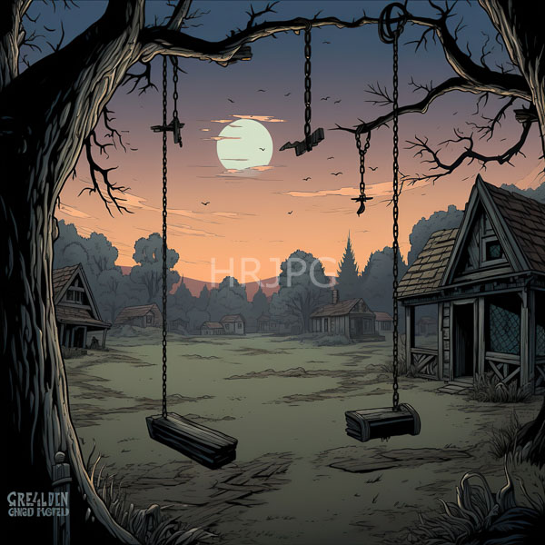 High Resolution: Spooky twilight village scene features two empty wooden swings hanging from a gnarled leafless tree with dilapidated wooden houses in the background download. | HRJPG.com