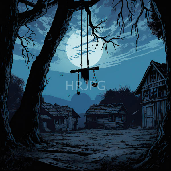 High Resolution: Dark moody blue palette with a full moon illuminates a rural village scene framed by a gnarled tree with a wooden hanging scale download. | HRJPG.com