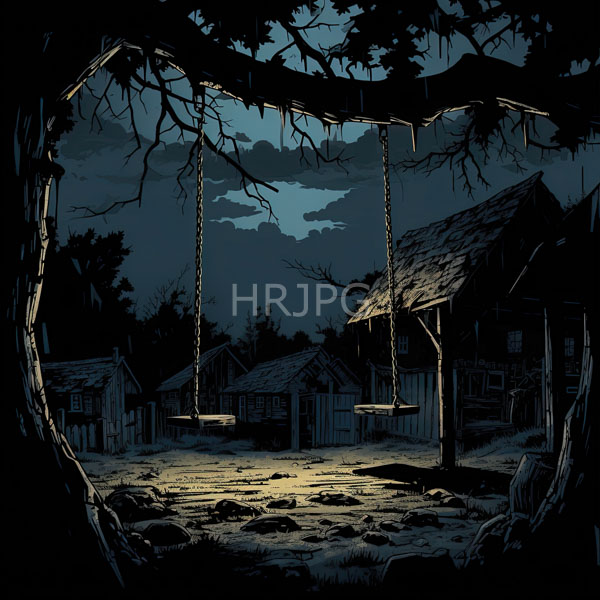 High Resolution: Dark moody style depicts a nighttime village scene silhouetted against a cloudy blue twilight sky framed by a gnarled tree above a dirt road download. | HRJPG.com