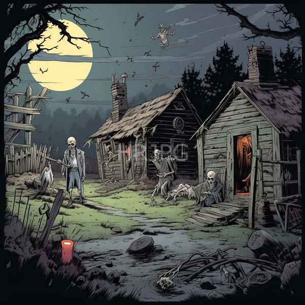 High Resolution: Dark eerie scene depicts a haunted rural setting at night with three skeletal figures around a wooden house and hanging objects from a tree download. | HRJPG.com