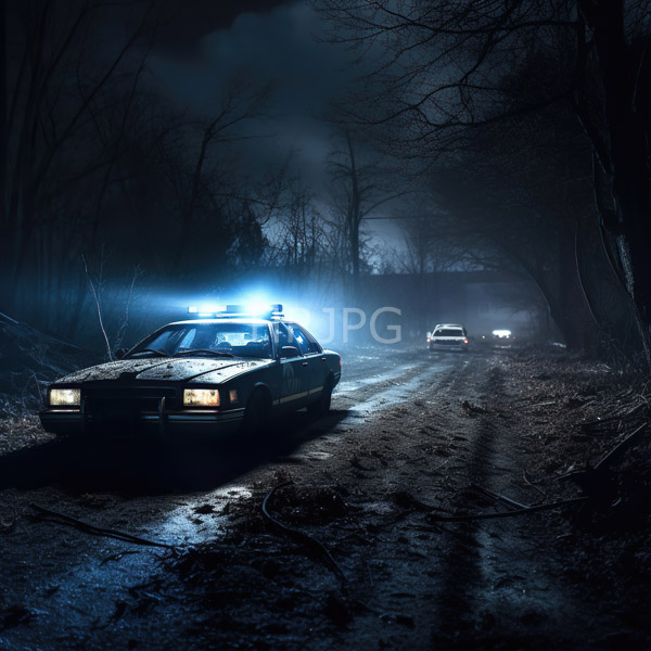 High Resolution: Dark misty forest at night shows a blue-lit police car with a spotlight leading a second car with headlights on a muddy narrow road download. | HRJPG.com