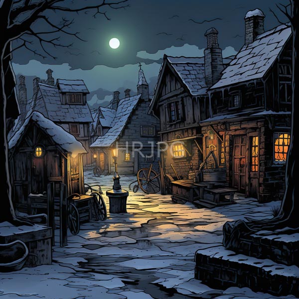 High Resolution: Snowy medieval village at night illuminated by a full moon features wooden houses with glowing windows and snow-covered roofs lining a cobblestone street download. | HRJPG.com