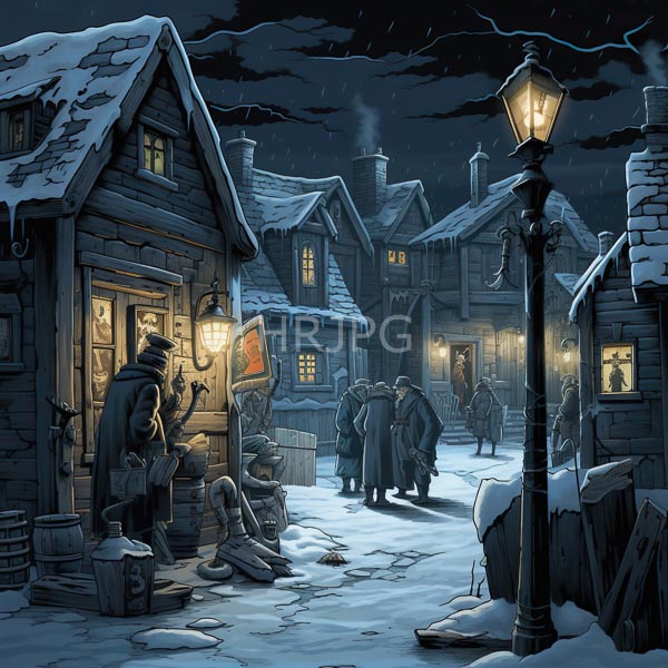 High Resolution: Snowy nighttime village features wooden cottages with glowing windows and snow-covered roofs line the street with a cloaked figure reading a letter by a door download. | HRJPG.com