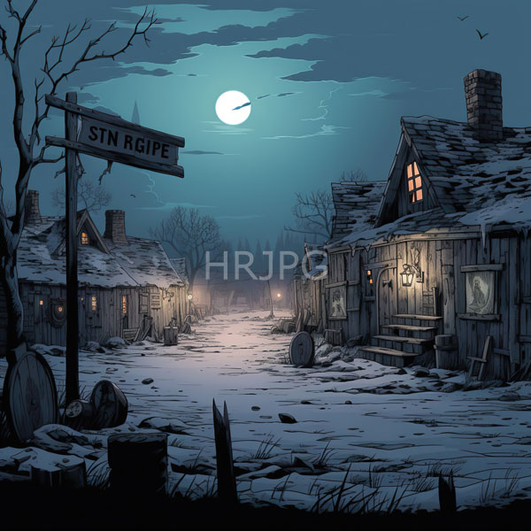 High Resolution: Snowy moonlit graveyard village with wooden weathered houses includes a "STN RIGE" sign in the foreground and tombstones scattered across the snow download. | HRJPG.com