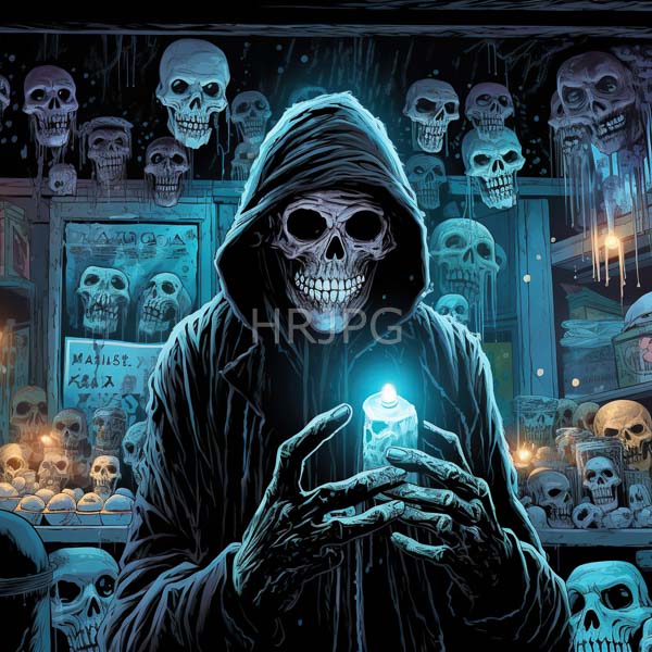 High Resolution: Skeletal figure with a hooded cloak holds a glowing blue candle while its grinning skull with hollow eye sockets is visible among numerous skulls download. | HRJPG.com