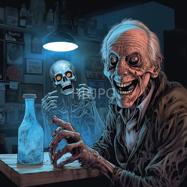 High Resolution: Grotesque elderly man with wrinkled skin white hair and a wide menacing grin sits at a wooden table holding a blue cracked glass bottle download. | HRJPG.com