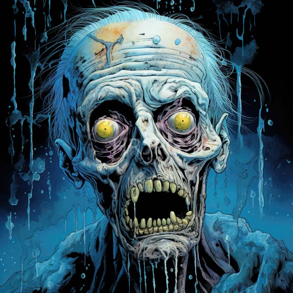 High Resolution: Grotesque decaying zombie with a pale blue-tinged skull yellow glowing eyes and a gaping mouth is visible with cracked textured skin and yellowed teeth download. | HRJPG.com