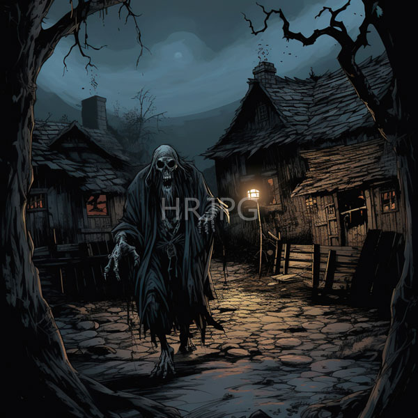 High Resolution: Skeletal ghostly figure with tattered black robes and clawed hands emerges from a shadowy cobblestone village at night with a hollow-eyed grimacing skull download. | HRJPG.com