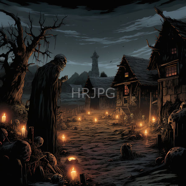 High Resolution: Dark eerie village at night shows a skeletal figure with a hooded cloak standing in the foreground surrounded by glowing candles and scattered skulls download. | HRJPG.com