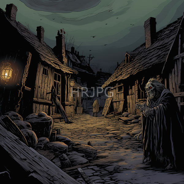 High Resolution: Dark atmospheric scene depicts a cobblestone village at night with a hunched elderly bearded man in tattered robes holding a small object in the foreground download. | HRJPG.com