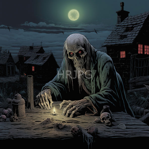 High Resolution: Skeletal long-haired red-eyed witch with a beard wearing a tattered green robe is hunched over a wooden table writing by candlelight surrounded by skulls download. | HRJPG.com
