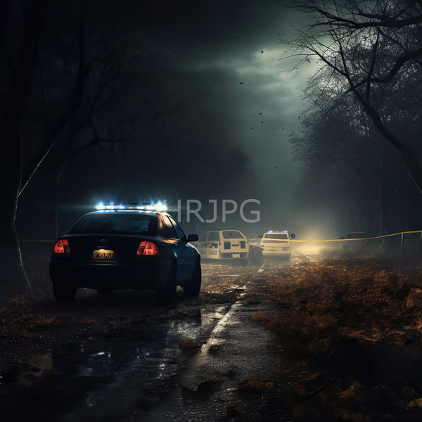 High Resolution: Dark foggy forest road at night shows three police cars (blue white and another white) parked with their emergency lights flashing above fallen leaves download. | HRJPG.com