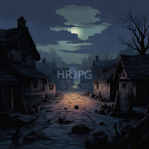 High Resolution: Dark eerie village at night shows a cobblestone street illuminated by a faint orange glow from a central fire pit lined with weathered wooden houses download. | HRJPG.com