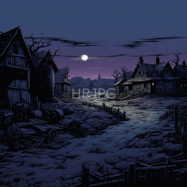 High Resolution: Deserted moonlit village at night shows a purple sky with a full moon casting dim light on dilapidated wooden houses leafless trees and scattered barrels download. | HRJPG.com
