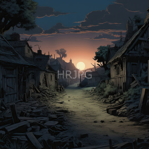 High Resolution: Deserted ruined village at sunset features a narrow rocky path flanked by dilapidated wooden houses with broken roofs and scattered debris under a gradient sky download. | HRJPG.com