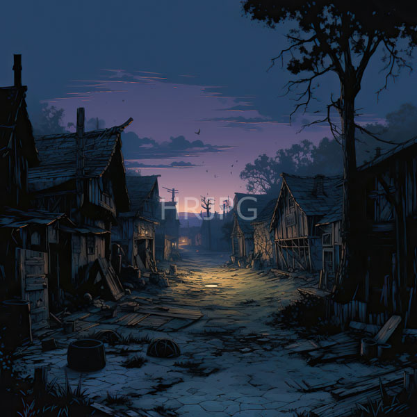 High Resolution: Dark abandoned village at twilight features dilapidated wooden houses with broken roofs and scattered debris on a cracked dirt path illuminated by dim yellow light download. | HRJPG.com