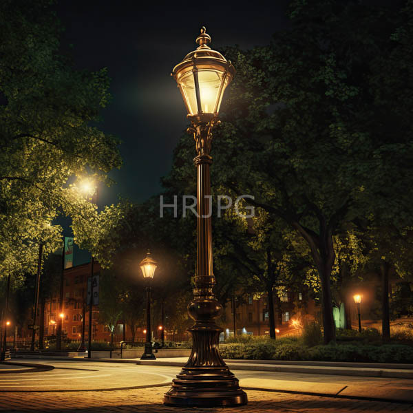 High Resolution: Nighttime urban park scene features a tall ornate black metal street lamp glowing warmly in the center surrounded by lush dark green trees download. | HRJPG.com
