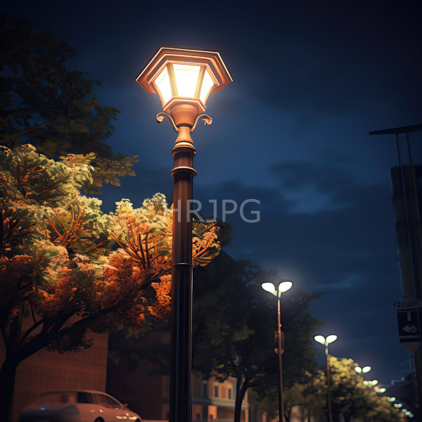 High Resolution: Nighttime urban street scene features a tall ornate streetlamp with a glowing hexagonal light illuminating the surrounding area against a dark blue sky download. | HRJPG.com