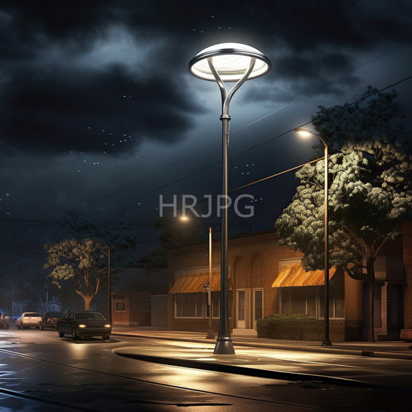 High Resolution: Quiet nighttime street features a tall illuminated streetlamp casting light on a brick building with yellow awnings and trees with dense foliage download. | HRJPG.com