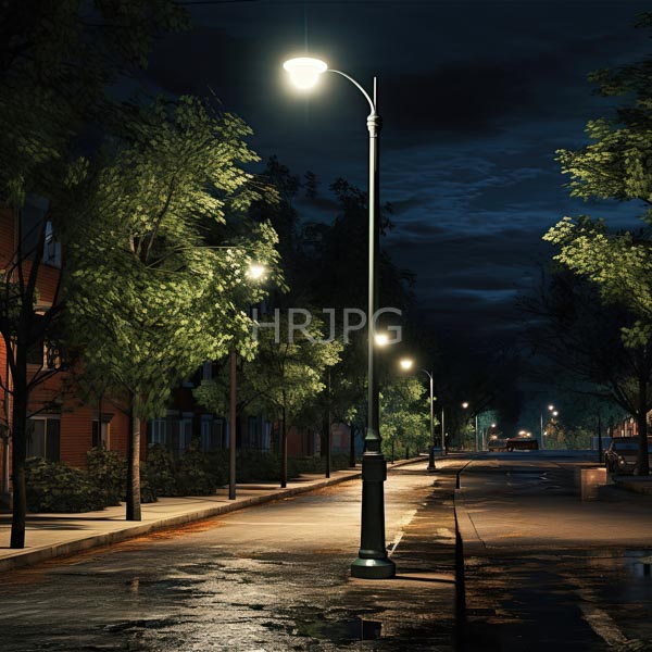 High Resolution: Quiet deserted street at night is illuminated by streetlights casting a warm yellow glow with red-brick buildings on the left reflected on the wet street download. | HRJPG.com