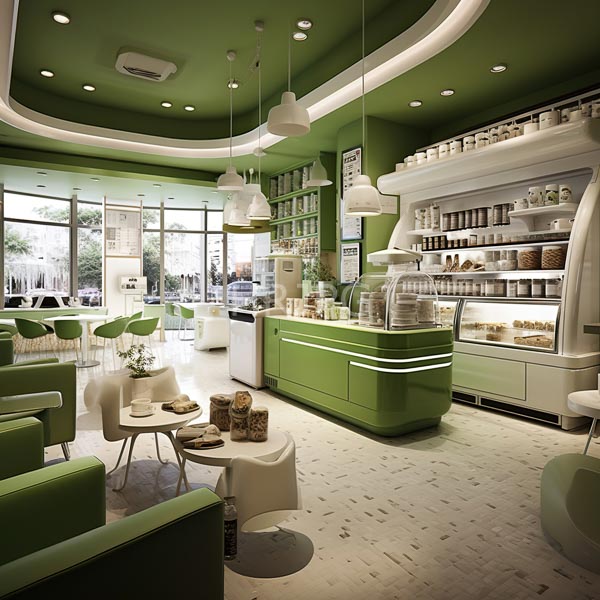 High Resolution: Modern green-themed cafe features a curved ceiling green and white furniture a glass display case of pastries and a white tile floor download. | HRJPG.com