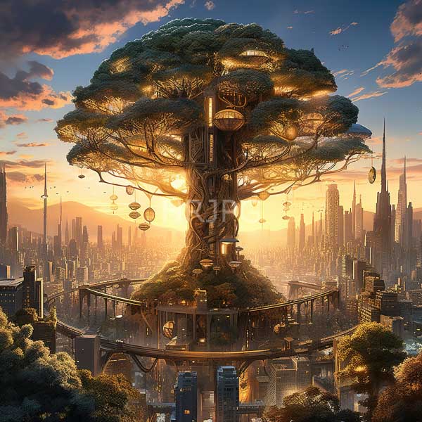High Resolution: Massive futuristic tree with intricate glowing orbs and structures integrated into its trunk stands in a sprawling high-tech cityscape at sunset download. | HRJPG.com