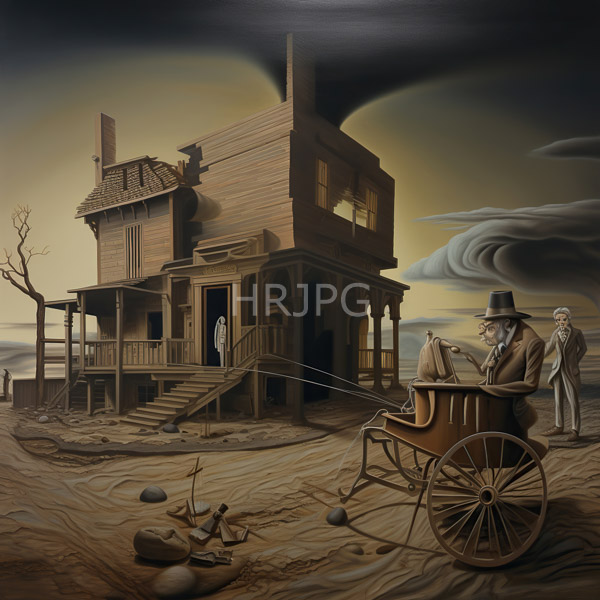 High Resolution: Desolate abandoned wooden house with a broken chimney stands surrounded by a barren landscape with a lone figure in white on the porch steps download. | HRJPG.com