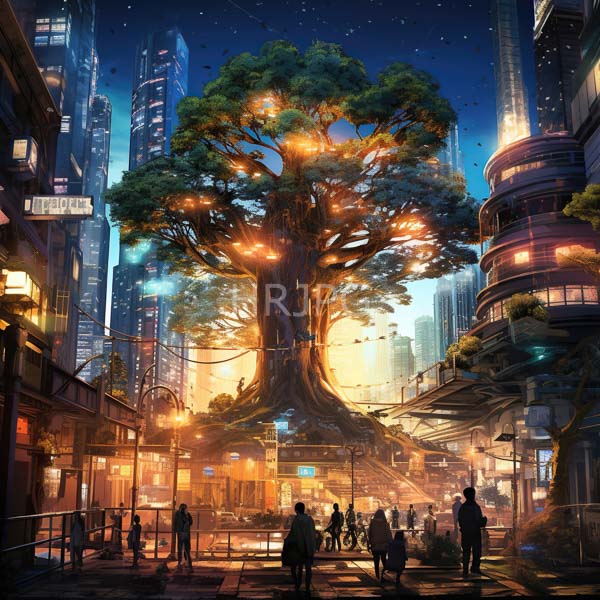 High Resolution: Futuristic cityscape at night features a massive glowing tree-like structure with illuminated branches towering over neon-lit skyscrapers and modern buildings download. | HRJPG.com