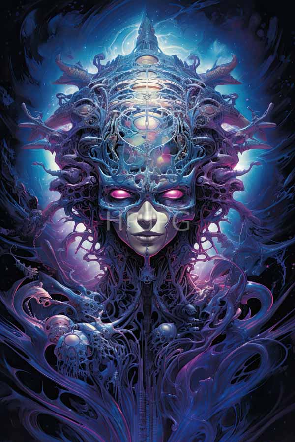 High Resolution: Surreal ethereal figure with a skeletal mask-like face and glowing purple eyes is surrounded by elaborate organic and mechanical blue and purple patterns download. | HRJPG.com