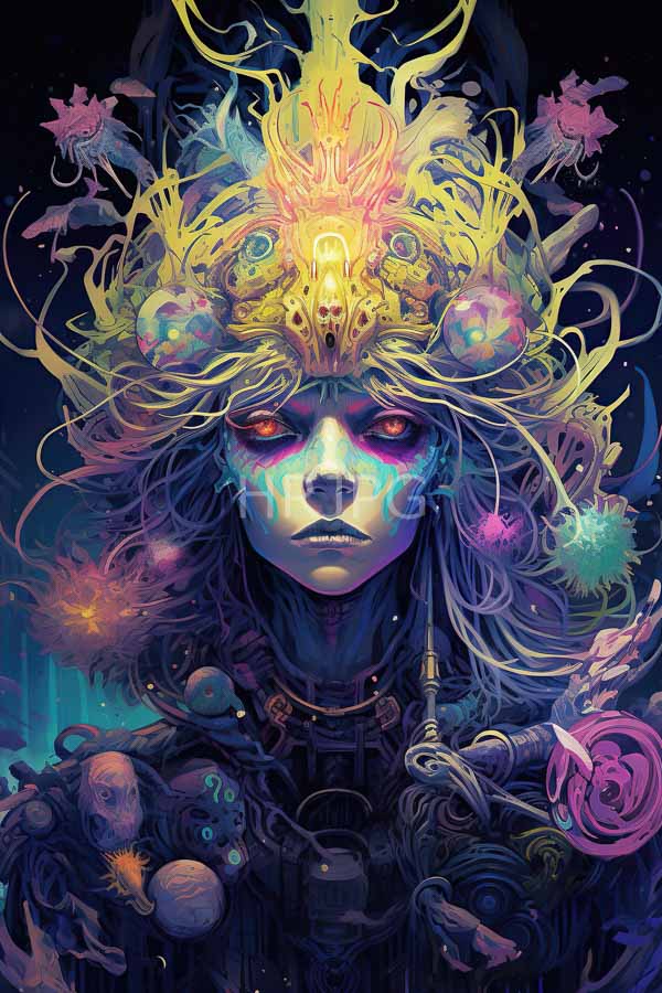 High Resolution: Blue-skinned androgynous figure with glowing red eyes is adorned with a vibrant intricate headdress of yellow pink and purple floral and organic patterns download. | HRJPG.com