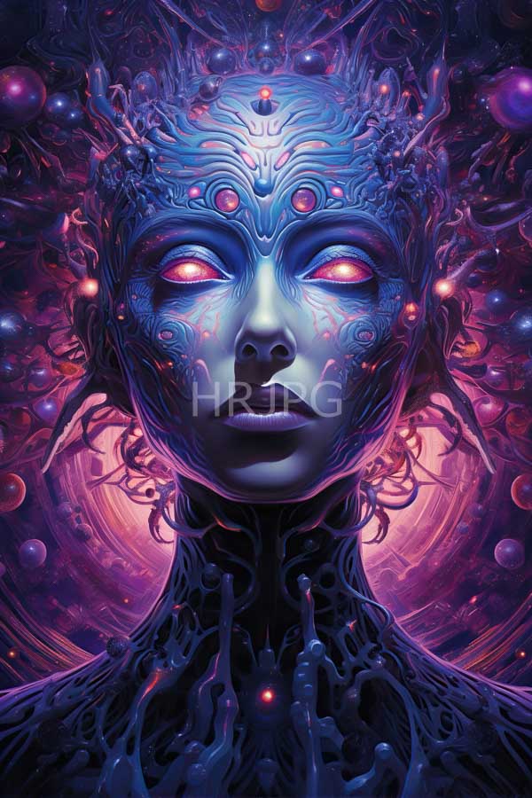 High Resolution: Mystical alien-like female figure with glowing pink eyes has intricate blue and purple bioluminescent patterns on her face and a complex organic headpiece download. | HRJPG.com